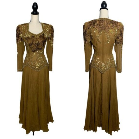 Isabella Vintage Silk Golden Sequin Beaded Embellished Evening Gown - Picture 16 of 16